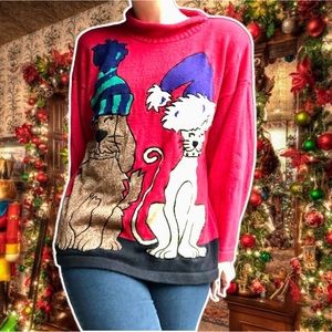 True Vintage 1980s Ugly Christmas Sweater Dog and Cat Mock Turtleneck